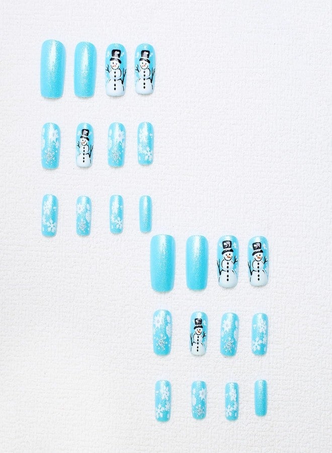 OCOUYVD Christmas Press on Nails Short Square Blue Glitter Fake Nails with Snowflake ＆ Snowman Designs Cute Xmas Winter Acrylic Nails Full Cover False Nails Stick on Nails for Women Women Nail Art DIY 24 Pcs - Image 4